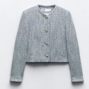 Zara blue & white cotton tweed herringbone blazer jacket - size Small (S) NWT